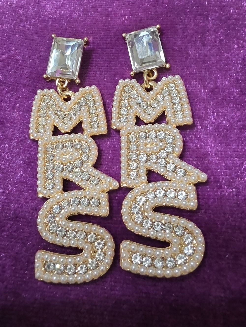 Gold Crystal 'MRS' Drop Earrings with Clear Stone Studs